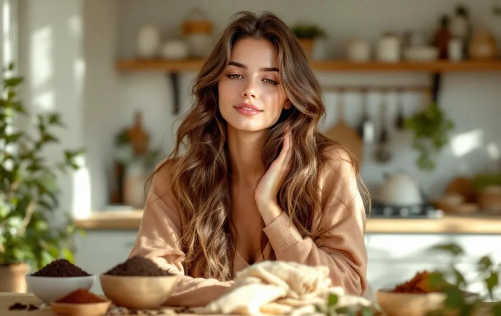 Une jeune femme applique un masque capillaire naturel sur ses cheveux bruns dans une cuisine ensoleillée, entourée de bols de marc de café, de thé noir et de poudre de cacao.