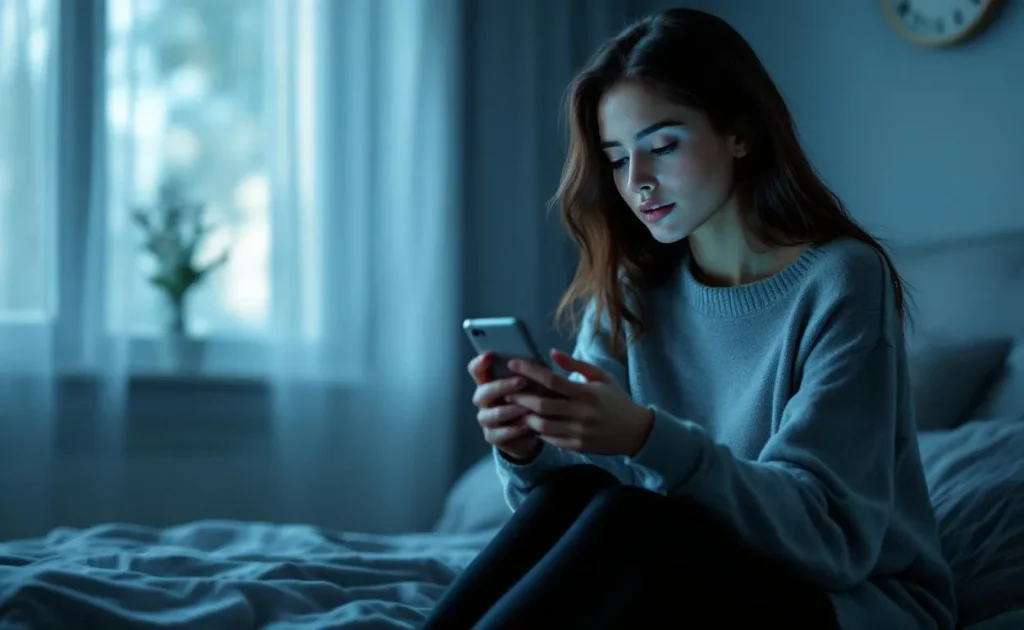 Une jeune femme seule regarde son téléphone devant une horloge affichant 08h08, baignée par une lumière matinale douce.
