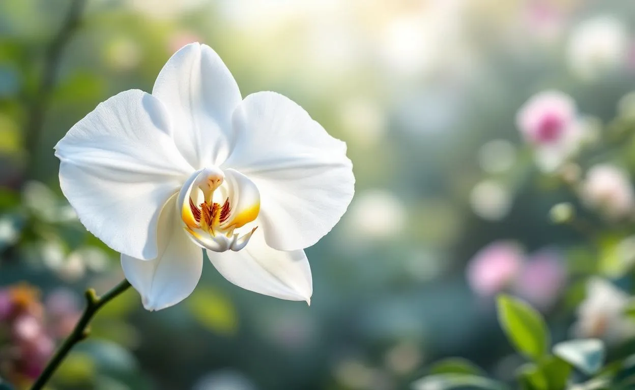 Gros plan sur une orchidée blanche aux pétales délicats illuminée par une lumière douce du matin, avec un jardin flou en arrière-plan.