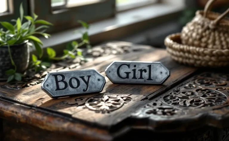 Deux porte-noms basques anciens, pour garçon et fille, reposent sur une table de bois sculpté entourée de lumière naturelle et de touches vertes.