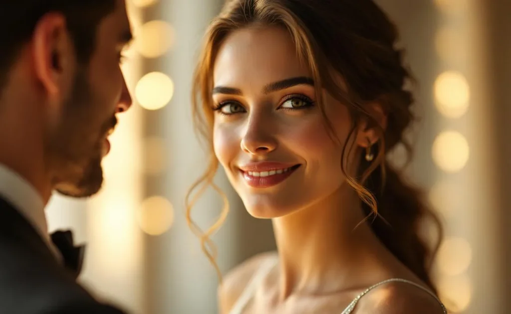 Une femme élégante sourit doucement en recevant un compliment, son visage éclairé par une lumière dorée avec un fond flou.