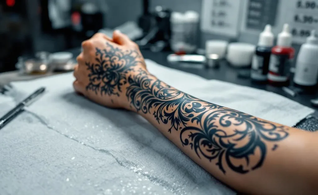 Avant-bras reposant sur une table de salon de tatouage avec un tatouage détaillé fraîchement réalisé, des instruments stériles et des étiquettes de prix visibles en arrière-plan.