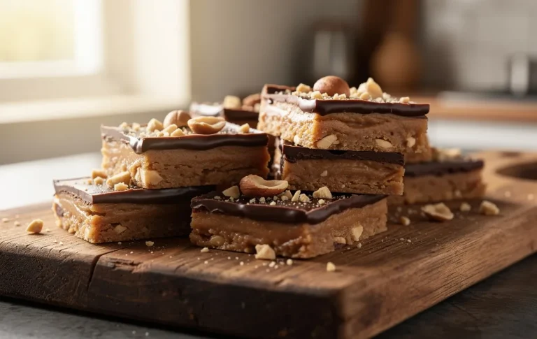 Barres chocolatées au beurre de cacahuète empilées sur une planche en bois, recouvertes d’une couche de chocolat brillant et de cacahuètes concassées, éclairées par une lumière matinale.
