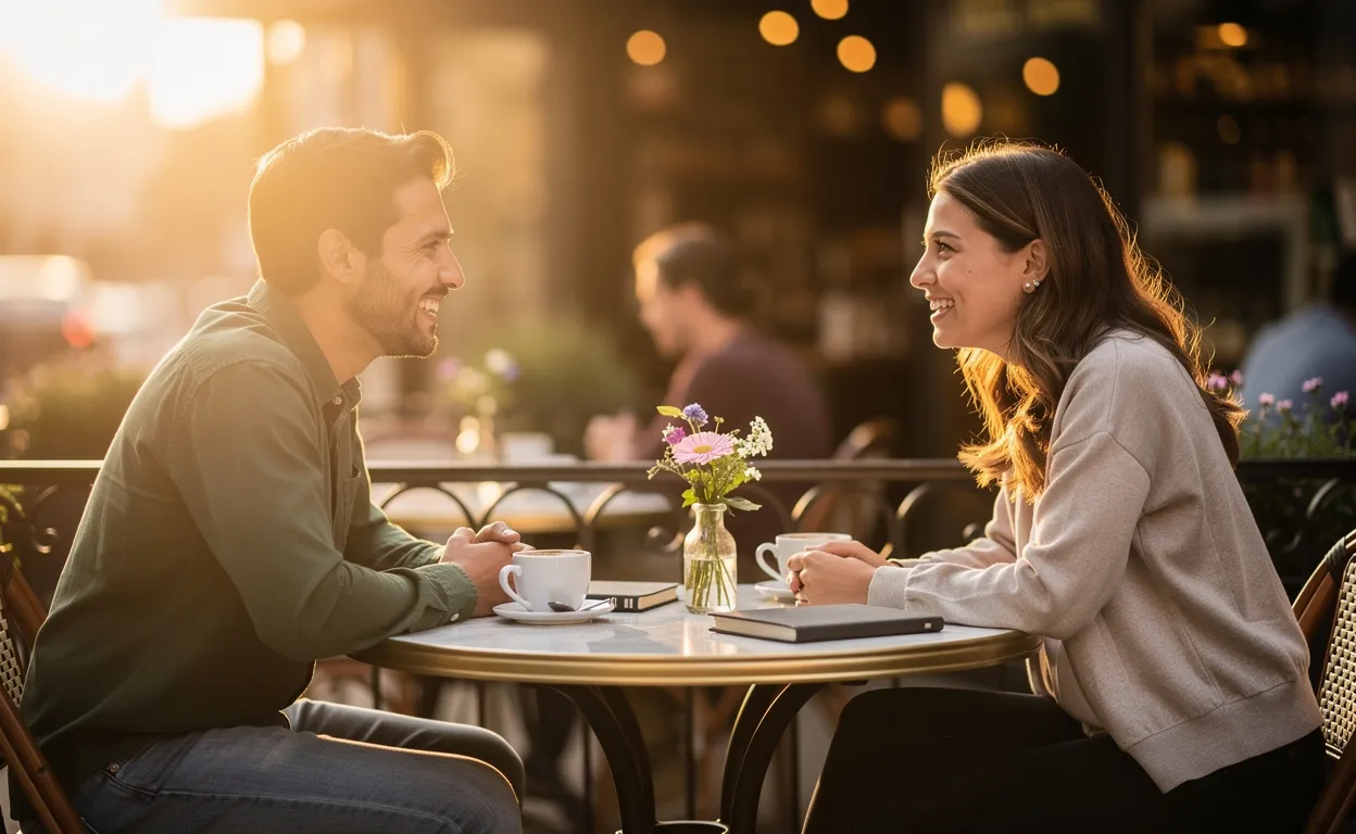 Deux personnes discutent et sourient en face à face à une petite table de café dans une lumière dorée.