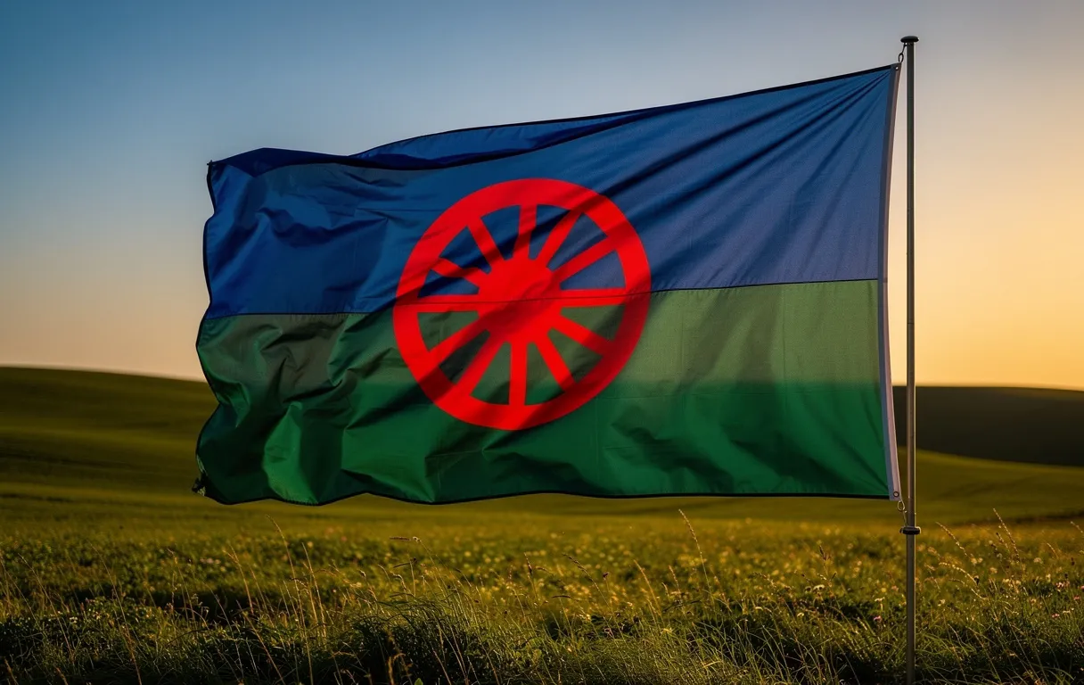 Drapeau rom arborant une roue rouge, flottant sur un champ vert sous un ciel bleu au coucher du soleil.