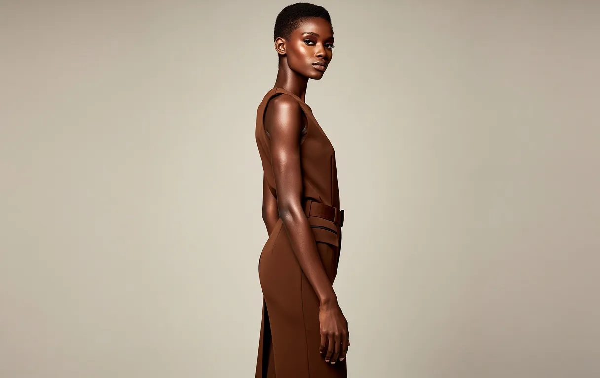 Portrait photoréaliste d’Anok Yai debout devant un fond minimaliste, mise en valeur par une lumière douce et une posture élégante.