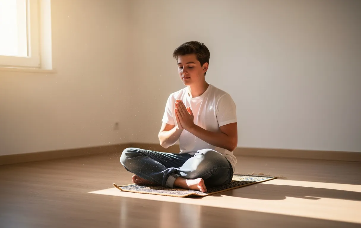 Un jeune assis paisiblement sur un tapis de prière dans une pièce épurée baignée de lumière matinale, les mains jointes dans une posture de prière.