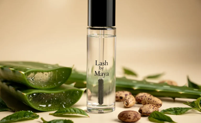 Flacon transparent de mascara "Lash by Maya" entouré d’aloe vera, de feuilles de thé vert et de graines de ricin sur un fond crème doux.