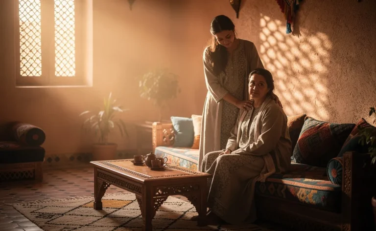 Une personne pose une main réconfortante sur l’épaule d’une autre dans un salon marocain baigné de lumière dorée.
