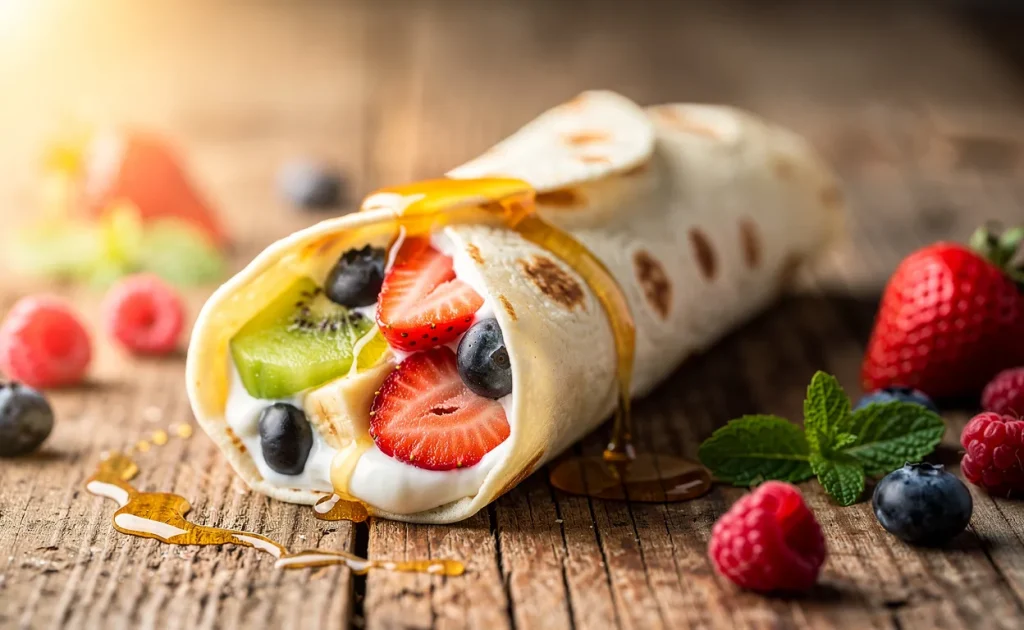 Un wrap petit-déjeuner garni de fruits frais, de yaourt et d’un filet de miel repose sur une table en bois avec quelques baies autour dans une lumière matinale douce.