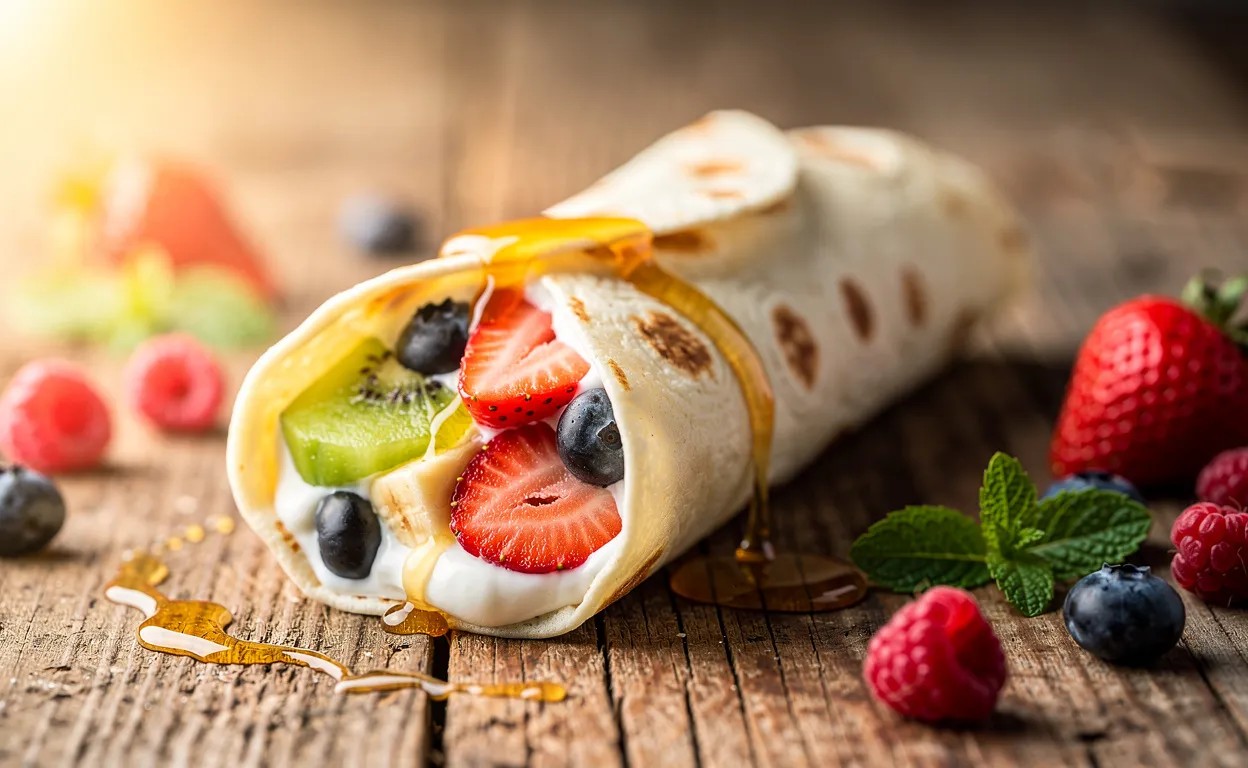 Un wrap petit-déjeuner garni de fruits frais, de yaourt et d’un filet de miel repose sur une table en bois avec quelques baies autour dans une lumière matinale douce.