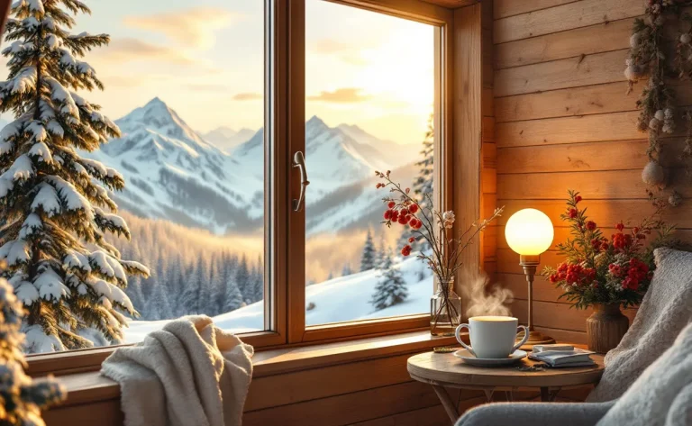 Un chalet en bois entouré de neige avec une lumière dorée émanant des fenêtres et une tasse fumante posée sur une table près de la fenêtre.