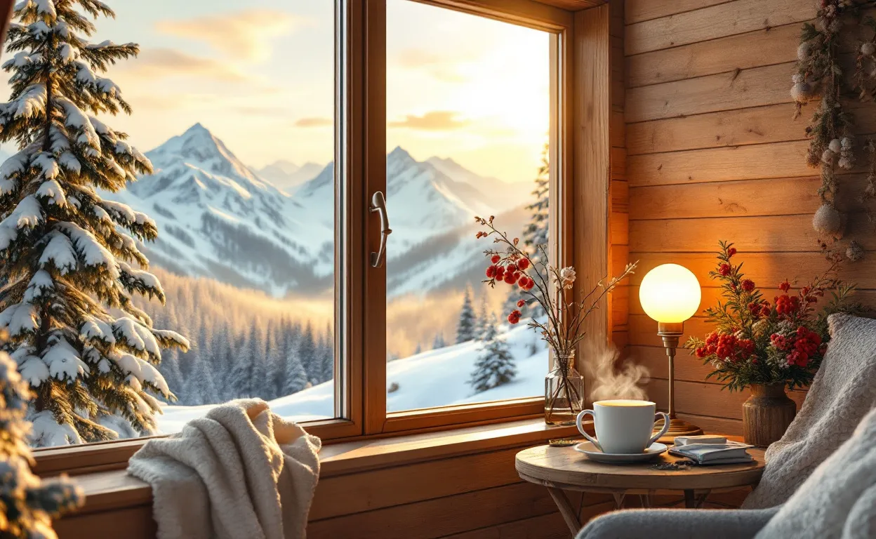 Un chalet en bois entouré de neige avec une lumière dorée émanant des fenêtres et une tasse fumante posée sur une table près de la fenêtre.
