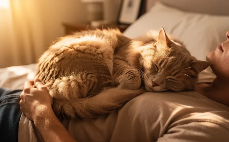 Un chat pelucheux dort paisiblement en boule sur la poitrine d'une personne, baigné de lumière douce dans une chambre calme.