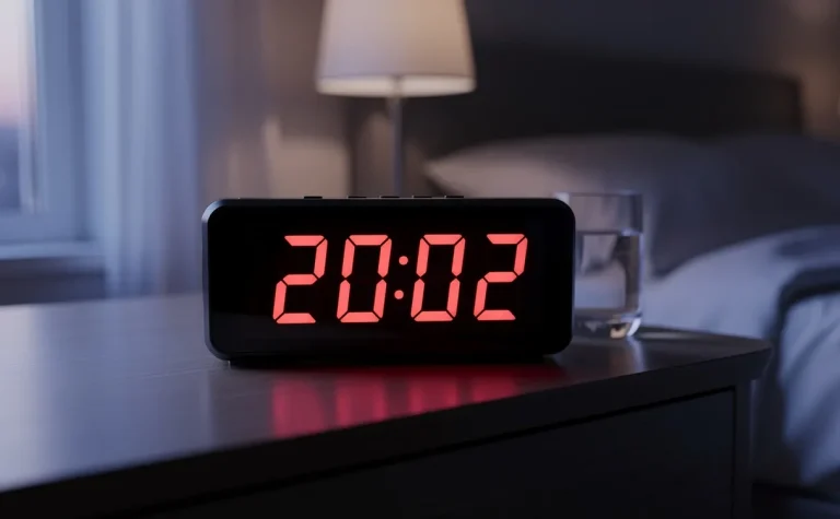 Un réveil digital lumineux affichant 20:02 repose sur une table de chevet dans une chambre paisible faiblement éclairée au crépuscule.