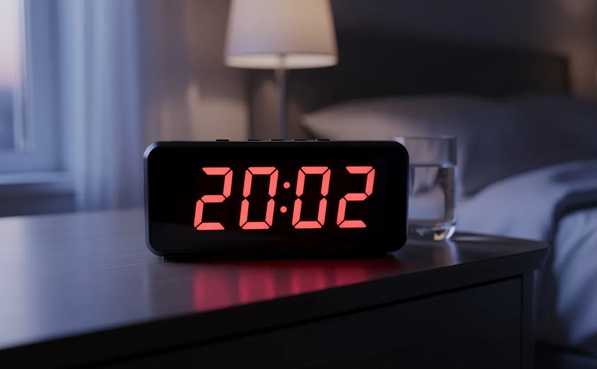 Un réveil digital lumineux affichant 20:02 repose sur une table de chevet dans une chambre paisible faiblement éclairée au crépuscule.
