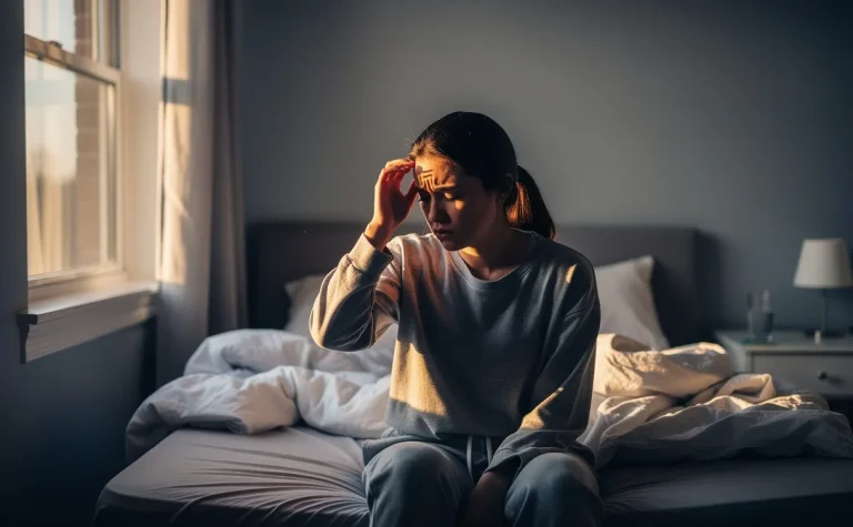 Une jeune femme assise seule au bord de son lit se tient la tempe, avec une expression douloureuse, dans la lumière matinale près d'une fenêtre.