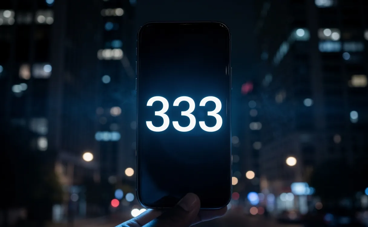 Un écran de smartphone affiche le nombre 333 plusieurs fois sur fond de ville nocturne avec une lumière bleutée.