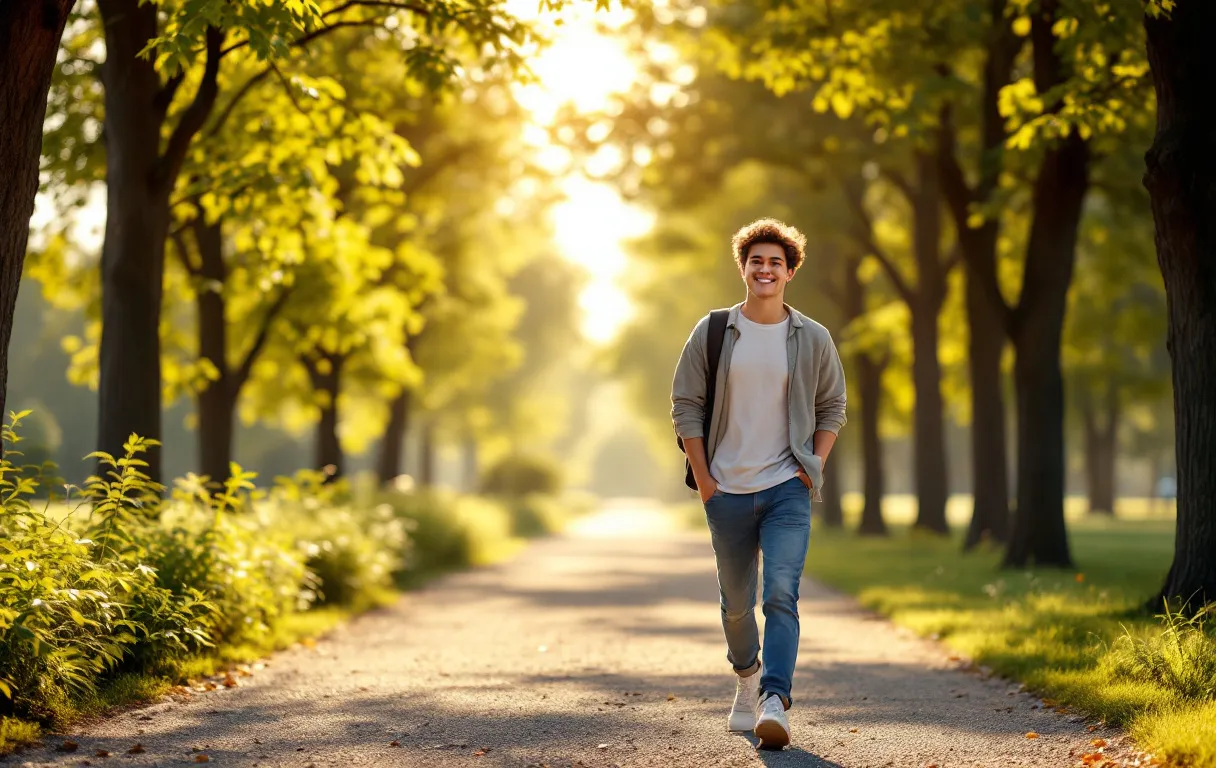 Un jeune marche d’un pas vif dans un parc ensoleillé, entouré de feuillage verdoyant sous une lumière matinale.